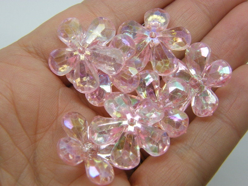 30 Flower beads faceted pink AB acrylic BB629   - SALE 50% OFF