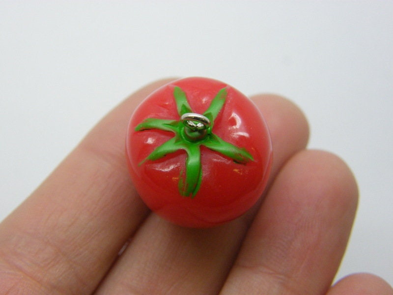 4 Tomato pendants charms red green resin FD290