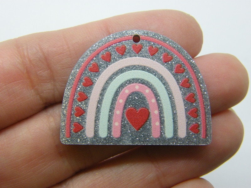 1 Heart rainbow pendant glitter grey pink acrylic H310 - SALE 50% OFF