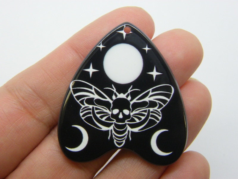 2 Ouija board planchette moth moon pendant black white acrylic HC913