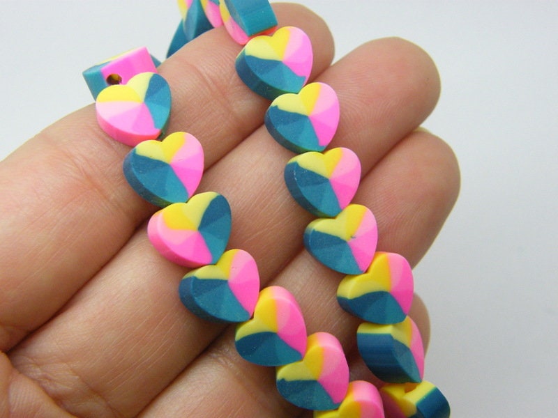 38 Heart green pink yellow rainbow beads polymer clay B107