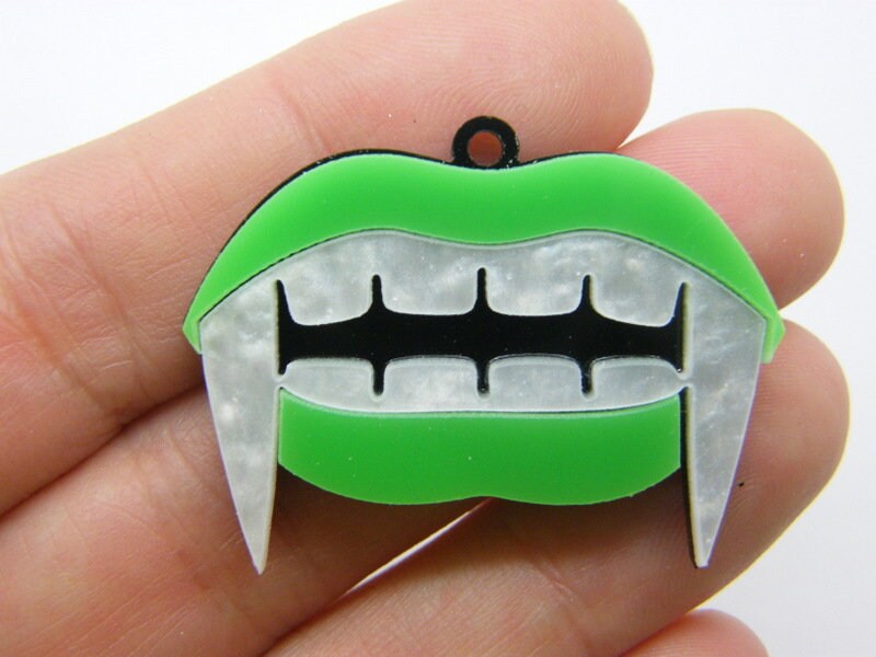 2 Vampire teeth fangs pendants neon orange black acrylic HC914