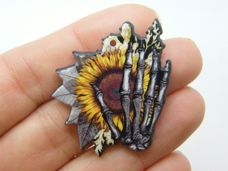 2 Sunflower skeleton hand pendants acrylic HC944