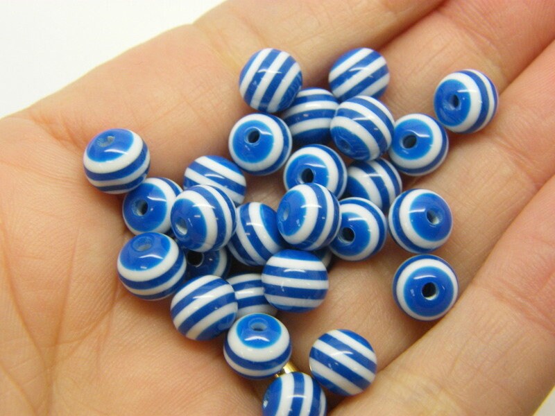 50 Striped  royal blue white 8mm resin beads AB623 - SALE 50% OFF