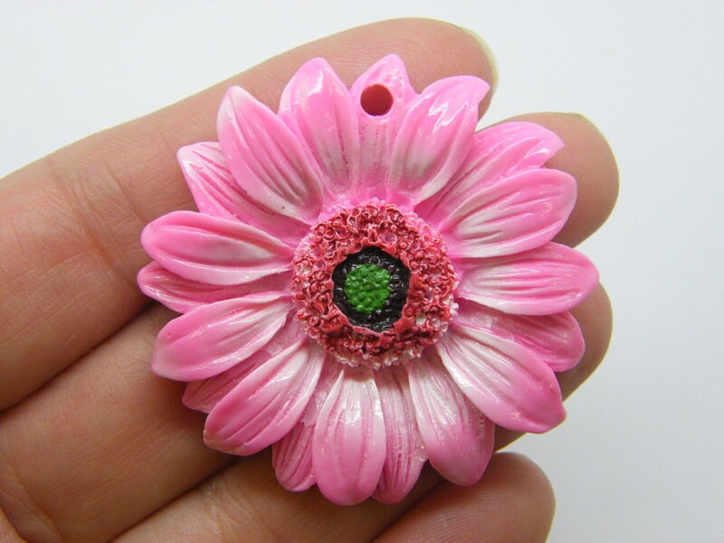 2 Large Sunflower flower pendants pink green resin F261