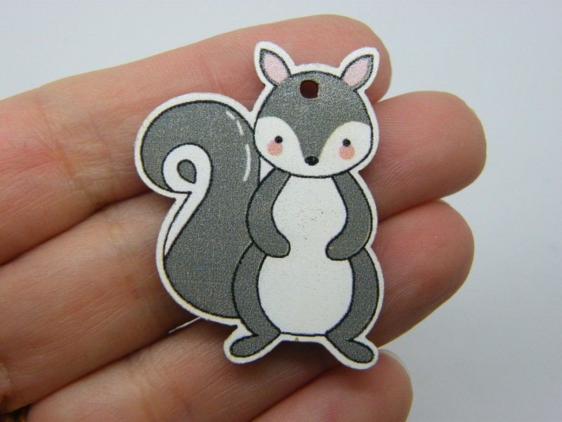 4 Squirrel pendants grey white wood A976  - SALE 50% OFF