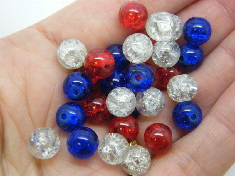 100 Red white and blue glass 8mm crackle beads AB723