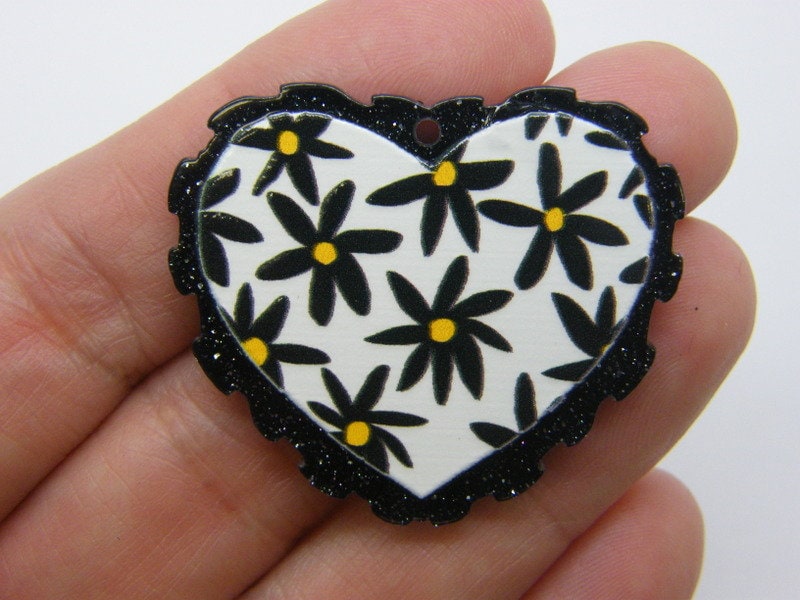 4 Heart flower pendants white yellow black acrylic H64