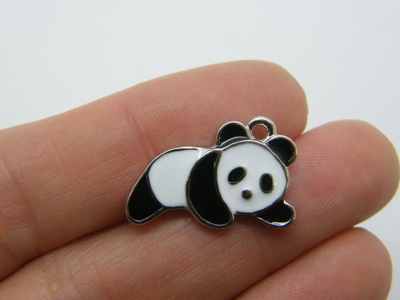4 Panda bear charms black white silver tone A408