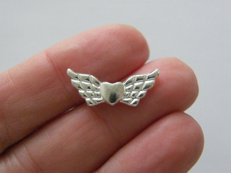 12 Angel wing heart spacer beads silver plated tone AW13