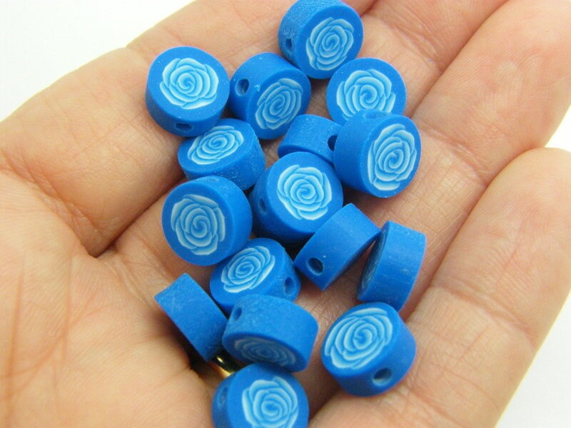 30 Flower rose beads blue polymer clay F723 - SALE 50% OFF