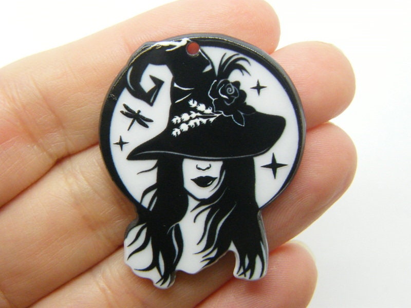 2 Lady witch pendants black white acrylic HC921