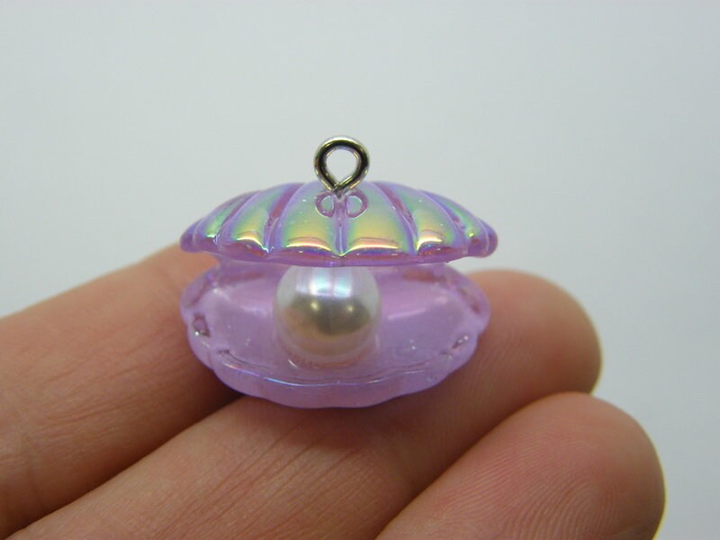 2 Oyster shell pearl charms purple AB resin pendants FF786