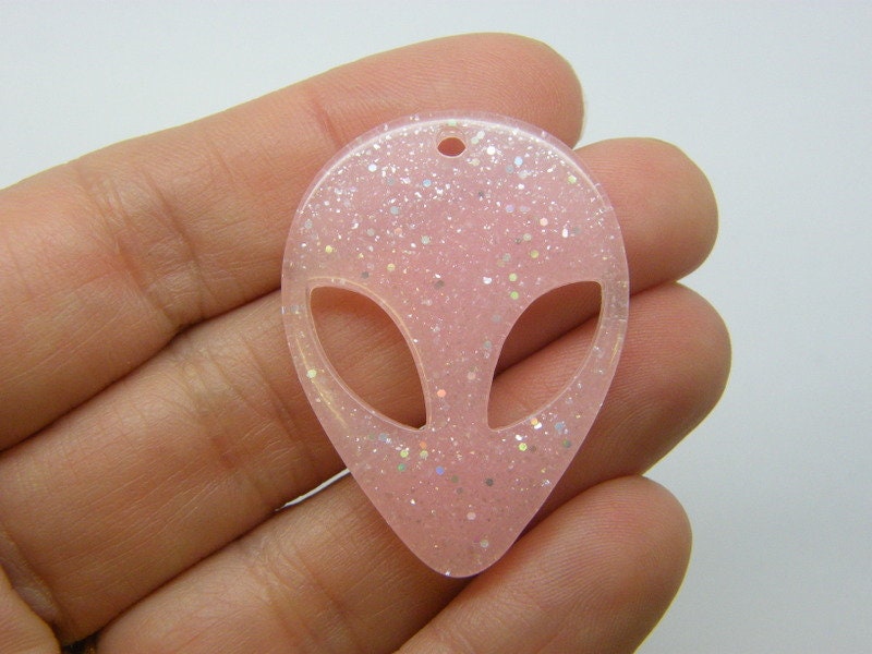 2 Alien head pendants pink glitter resin P822