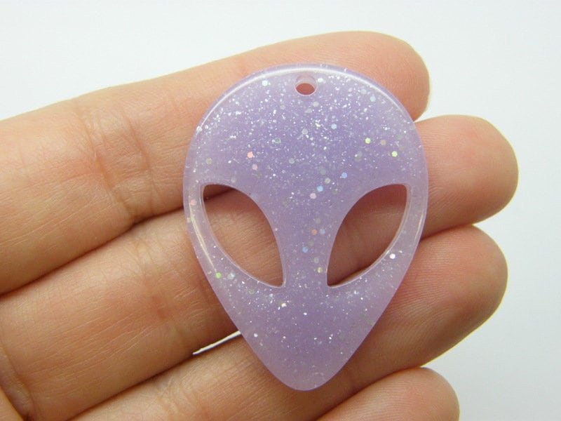 2 Alien head pendants lilac purple glitter resin P823