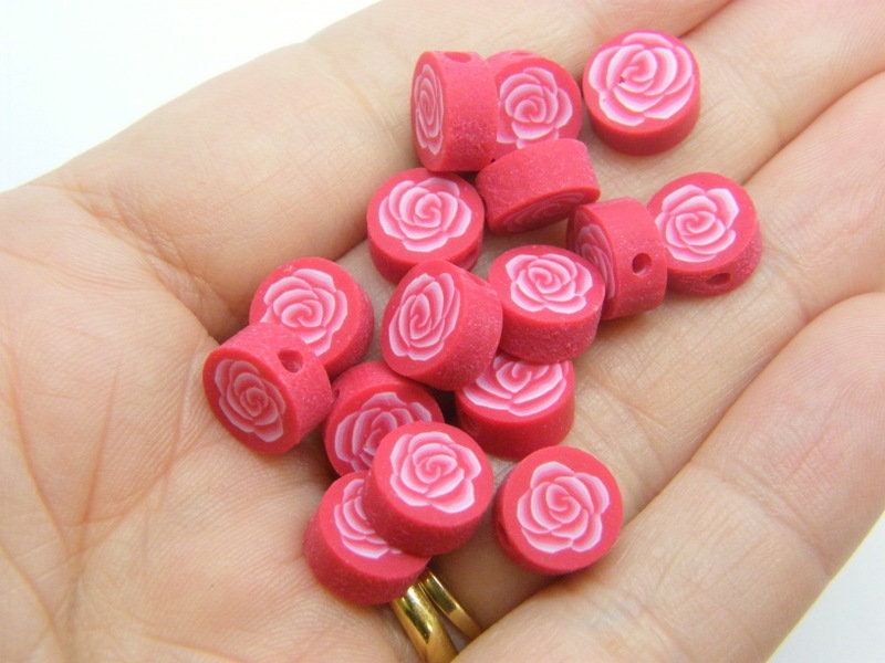 30 Flower rose beads fuchsia polymer clay F709 - SALE 50% OFF