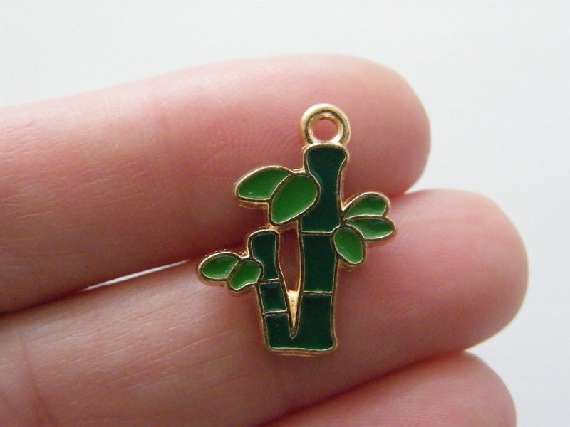 12 Bamboo shoot charms green gold tone T38