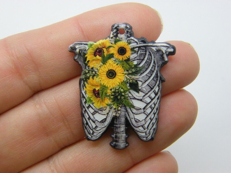 2 Sunflowers rib cage skeleton pendants acrylic HC943