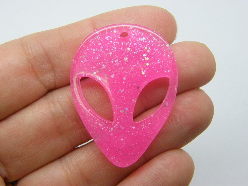 2 Alien head pendants fuchsia pink glitter resin P300