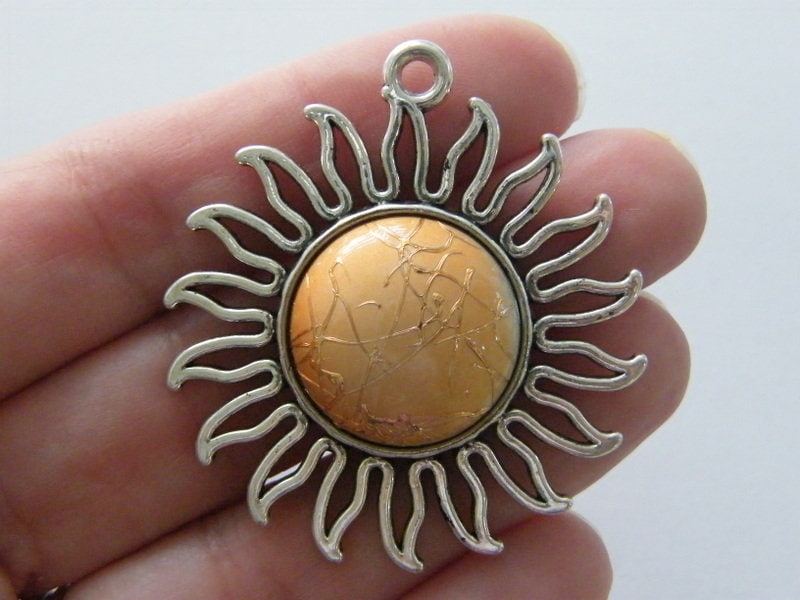 2 Sun orange  cabochon pendants antique silver tone S381