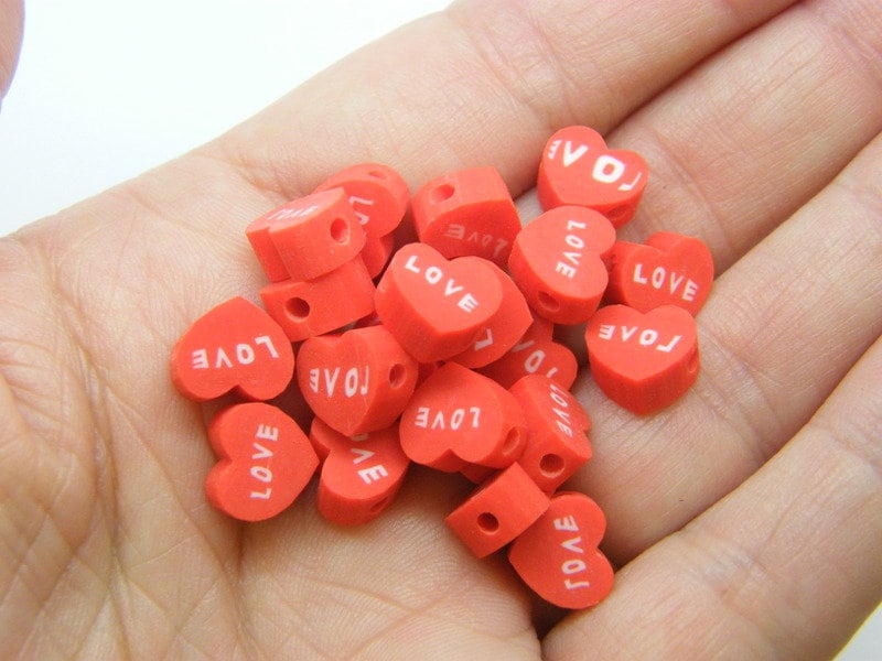 30 Heart love beads red white polymer clay H50 - SALE 50% OFF
