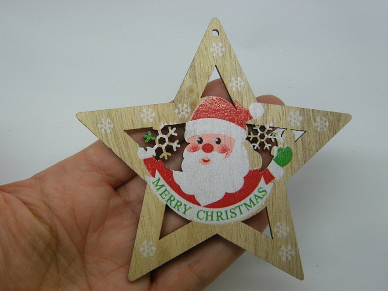 4 Merry Christmas Santa star pendants wood CT