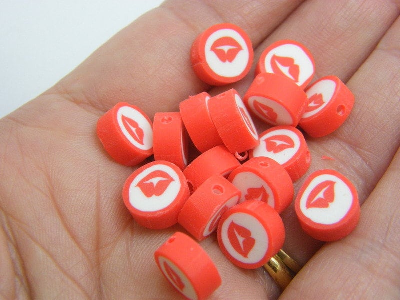 30 Lips mouth kiss beads red white polymer clay P476 - SALE 50% OFF