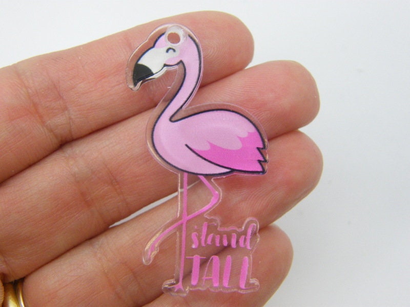2 Stand tall flamingo pendants pink black clear acrylic M373