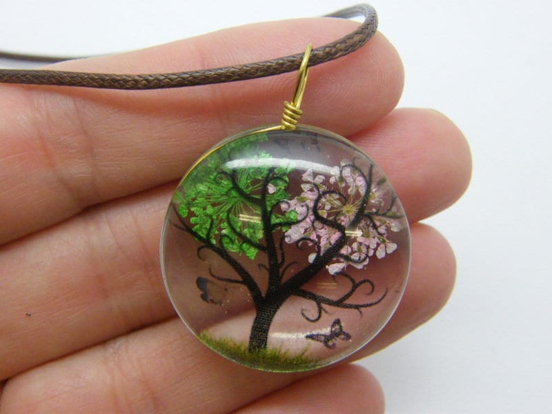 1 Tree scenery glass pendant gold  tone T13