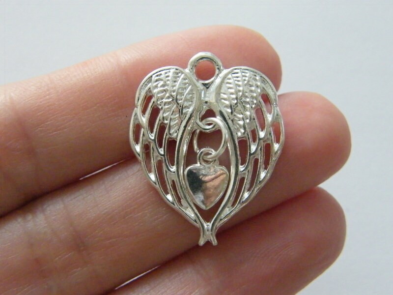 4 Angel wing heart charms silver plated tone AW31