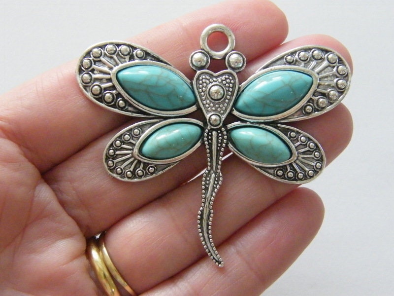 1 Dragonfly pendant blue antique silver tone A