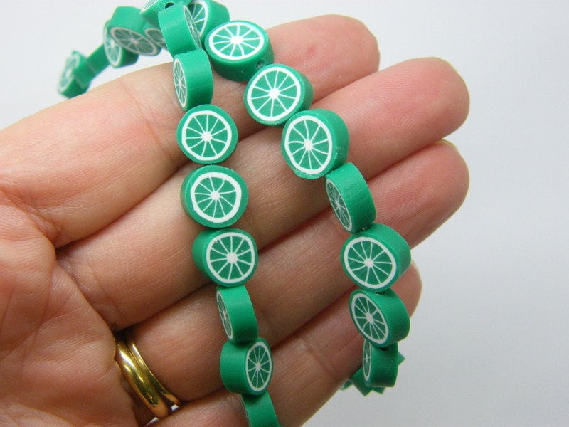 38 Lime beads green white polymer clay B229