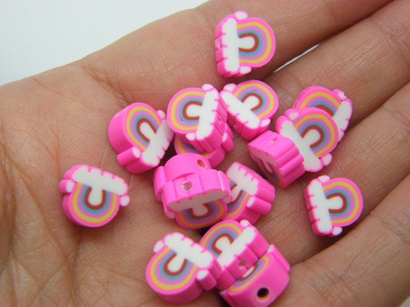 30 Rainbow cloud beads fuchsia pink rainbow polymer clay S125 - SALE 50% OFF