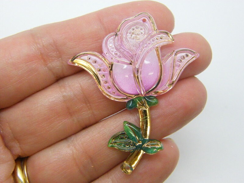 4 Rose flower connector pendants pink green acrylic F751