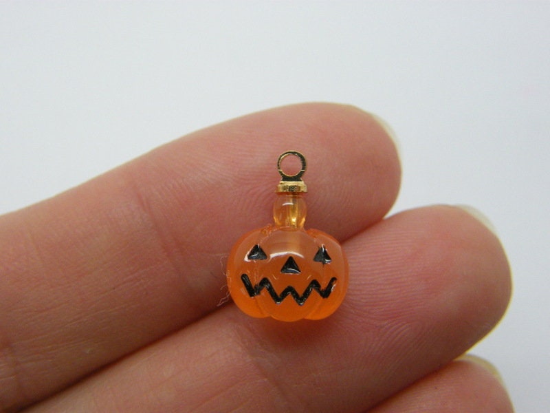 2 Pumpkin Halloween charms frosted orange resin gold bail HC980