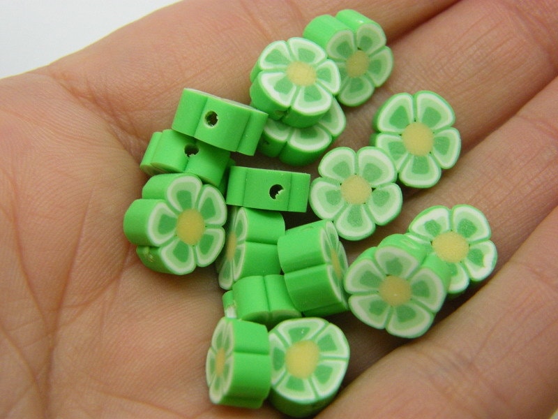 30 Flower beads green white yellow polymer clay F106 - SALE 50% OFF