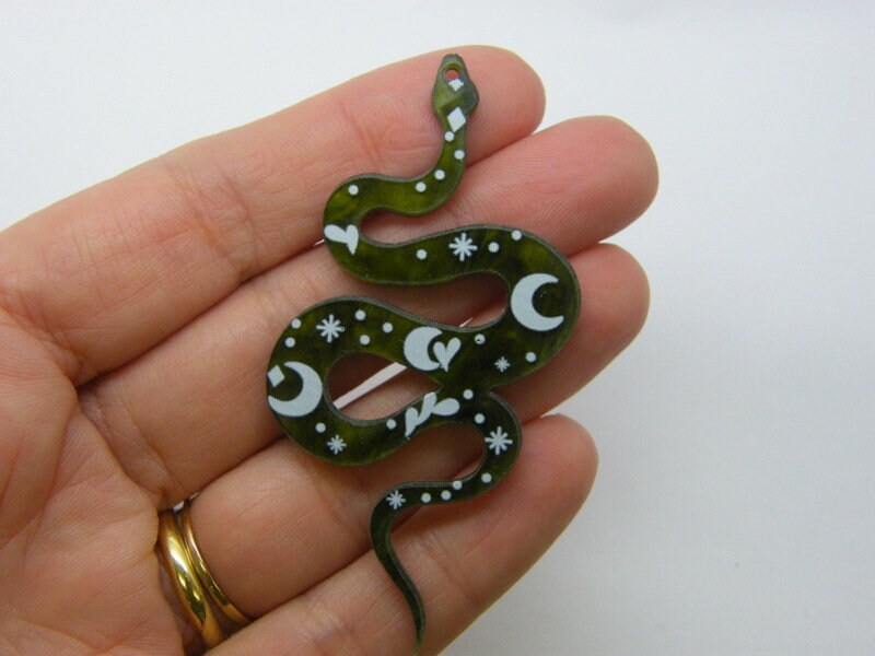 2 Snake pendants green white acrylic A402