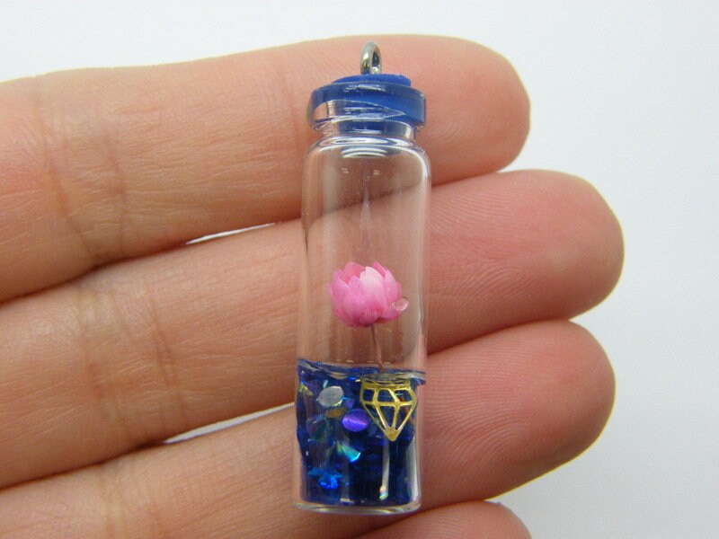 8 Dried flower in a bottle  royal blue pendant glass M388