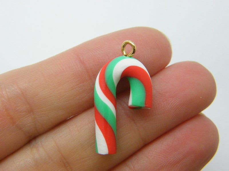 4 Candy cane Christmas charms  golden screw bail polymer clay FD213