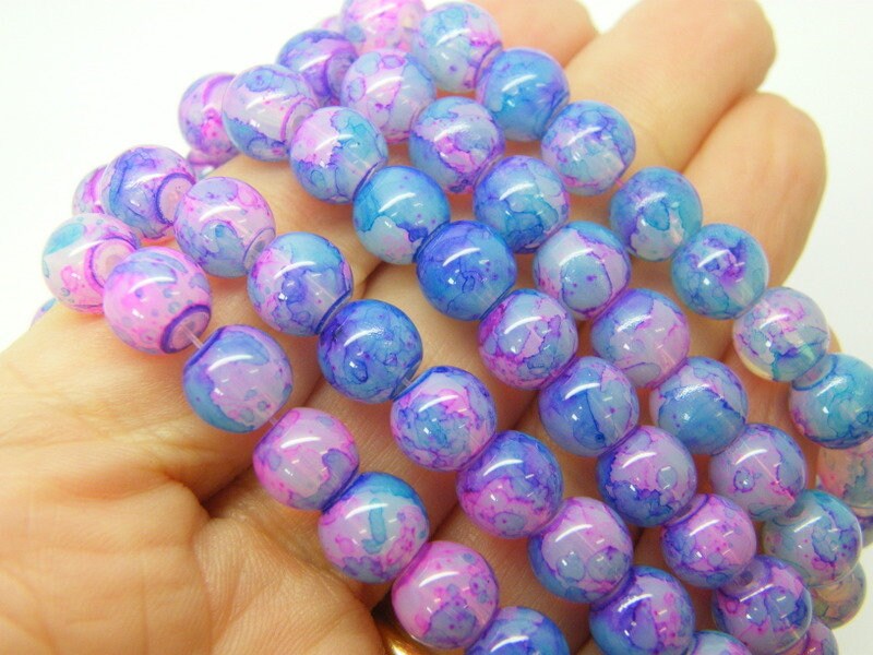 100 Medium orchid and blue imitation opalite beads 8mm glass B56