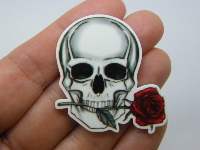 12 Skull rose Halloween glue on beautifully printed cabochon white red black resin HC987
