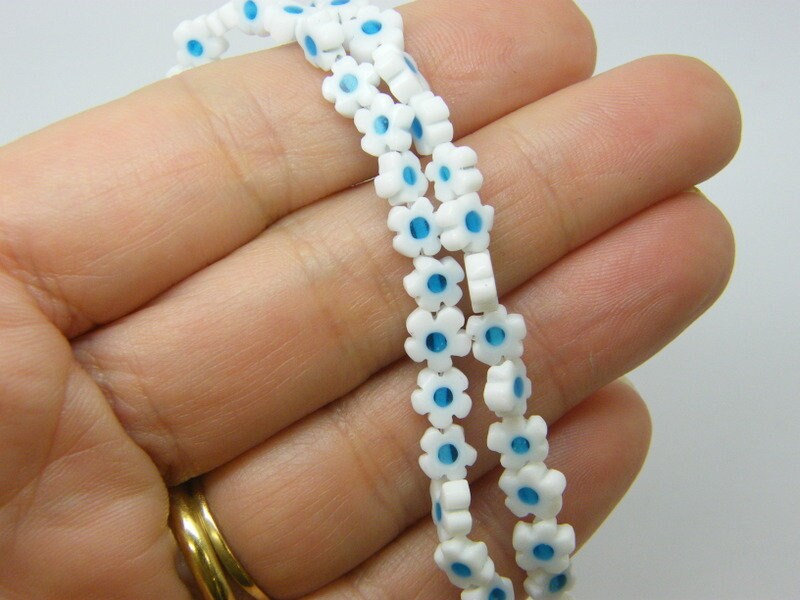 64 Millefiori beads flat flowers white blue 6mm glass OB182