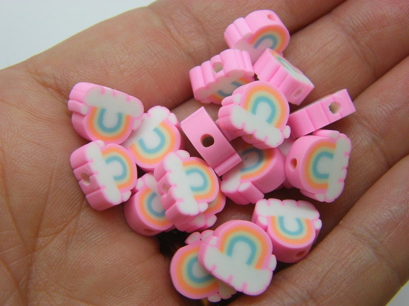 30 Rainbow cloud beads pink rainbow polymer clay S124