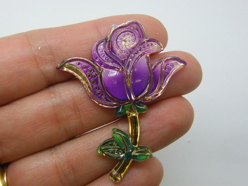 8 Rose flower connector pendants purple green acrylic F140