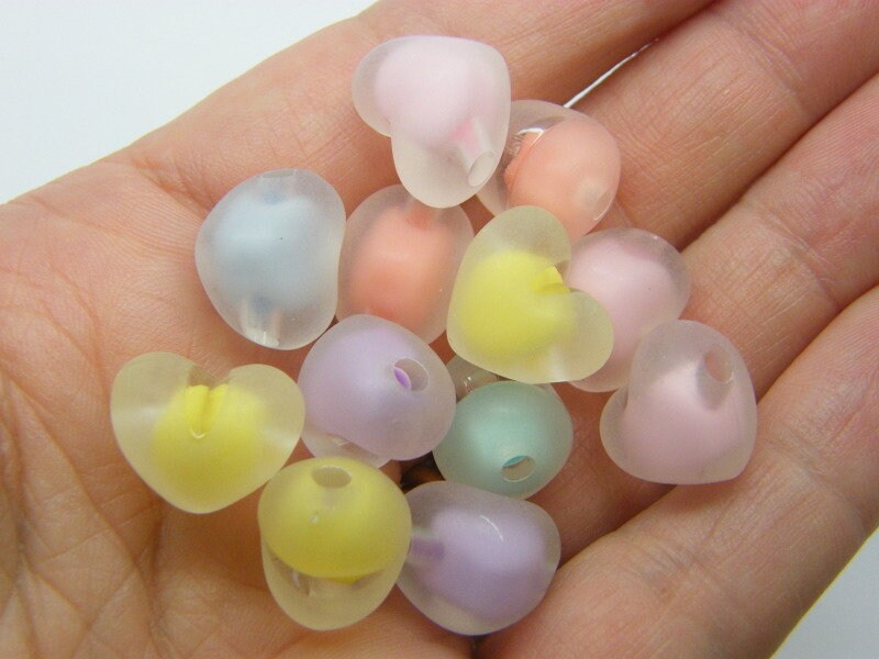 30 Clear and inner colour heart beads random mixed frosted acrylic BB774