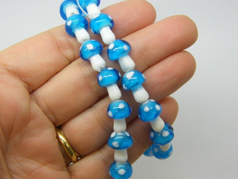 22 Mushroom beads sky blue and white glass L