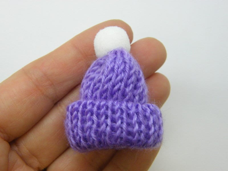 4 Knitted hat embellishment miniature lilac purple and white CA