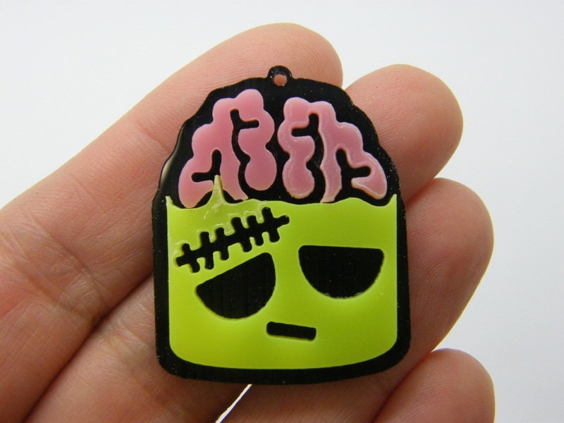 2 Brain pendants neon yellow and black acrylic HC1018
