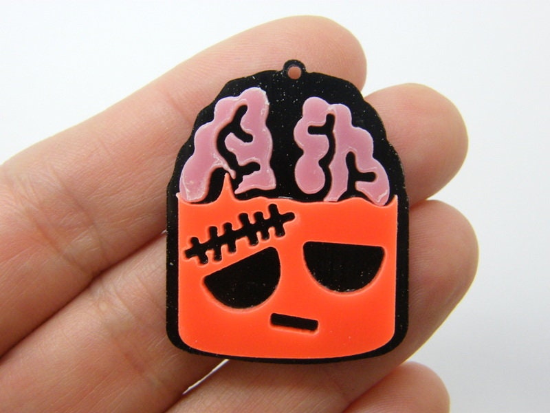 2 Brain pendants neon orange and black acrylic HC1016
