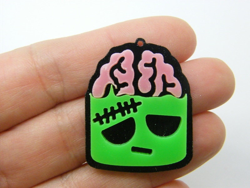 2 Brain pendants neon green and black acrylic HC1017